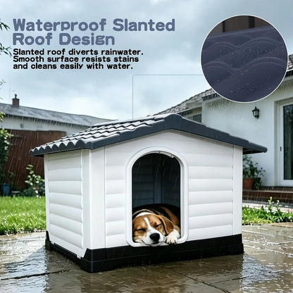 Waterproof 2-Door Dog House, Grey – Fold-Out Porch, Outdoor Use, Small & Medium Dogs, Easy Assembly