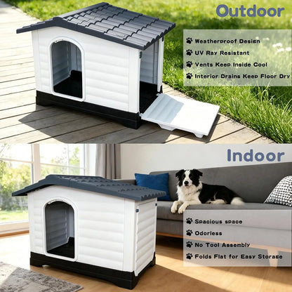 Waterproof 2-Door Dog House, Grey – Fold-Out Porch, Outdoor Use, Small & Medium Dogs, Easy Assembly