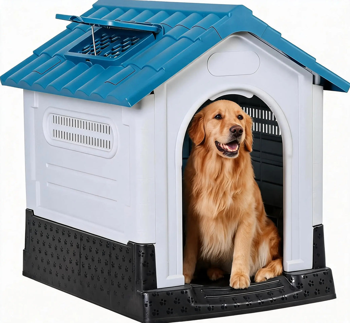 Waterproof 2-Door Dog House, Grey – Fold-Out Porch, Outdoor Use, Small & Medium Dogs, Easy Assembly