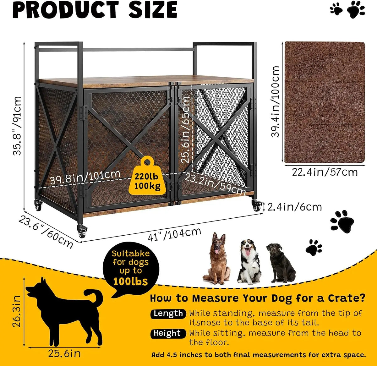 Heavy Duty Dog Kennels Metal Wooden Wheels and Double Doors  for Dog Cat Rabbit for Indoor Living Room