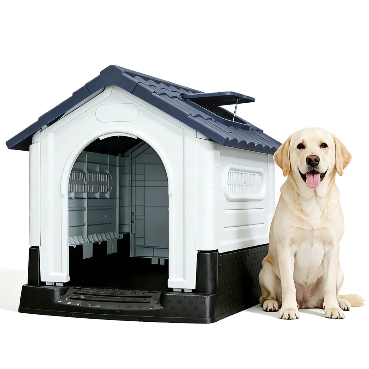 Waterproof 2-Door Dog House, Grey – Fold-Out Porch, Outdoor Use, Small & Medium Dogs, Easy Assembly