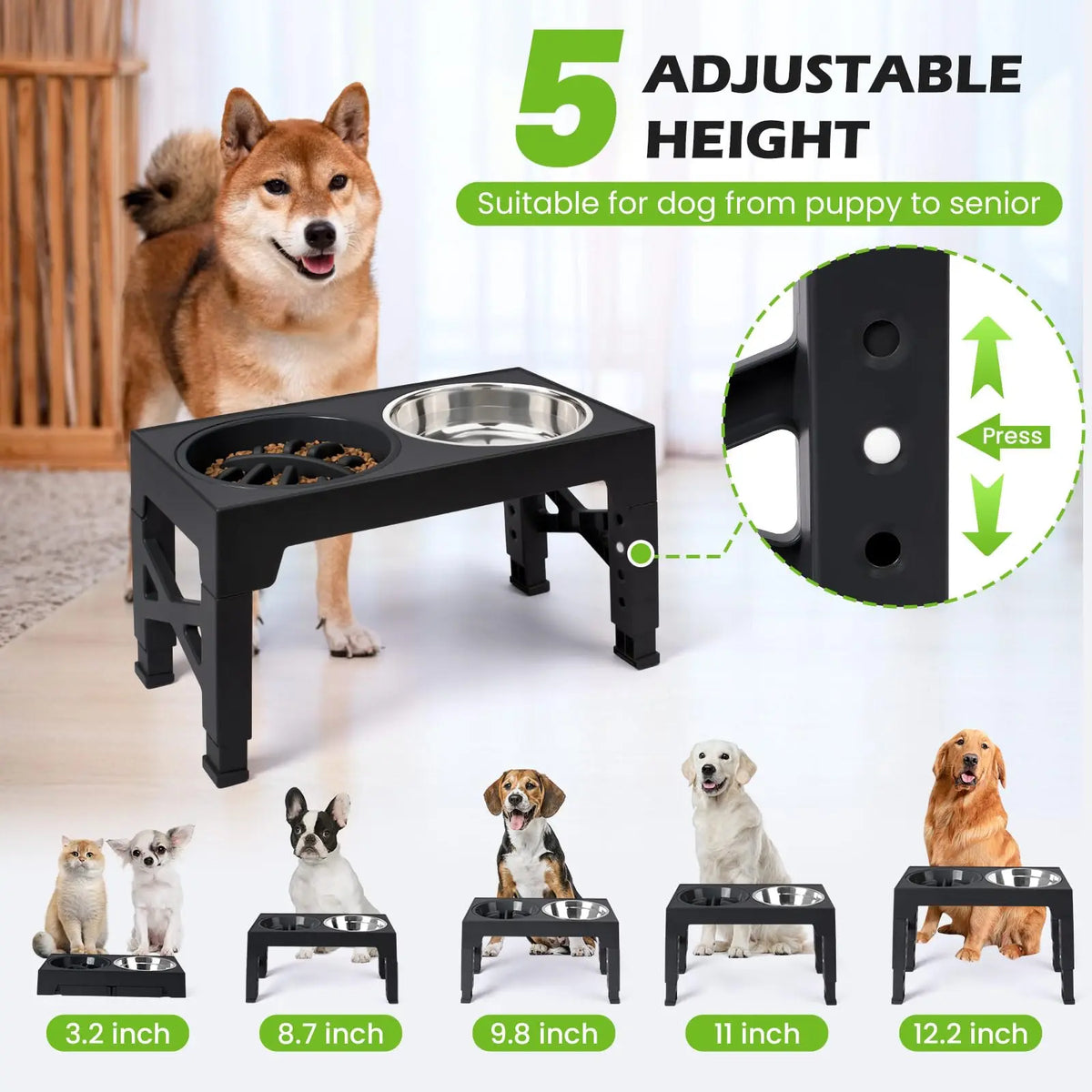 Adjustable Elevated Dog Feeder Stainless Steel Food Water Bowls,  for Small Medium Large Dogs