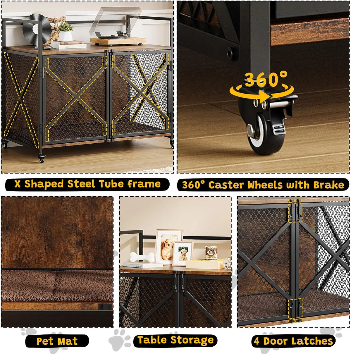 Heavy Duty Dog Kennels Metal Wooden Wheels and Double Doors  for Dog Cat Rabbit for Indoor Living Room