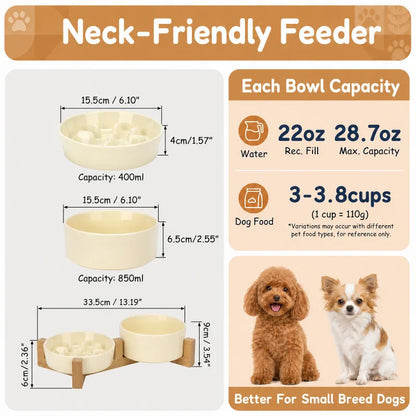 Ceramic Dog Bowls with Wooden Stand for Small To Medium Sized Dogs,