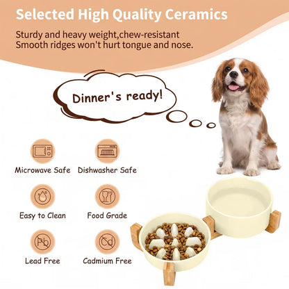 Ceramic Dog Bowls with Wooden Stand for Small To Medium Sized Dogs,