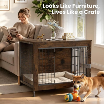 Wooden Dog Crate Furniture for Medium Dogs with High Anxiety –  Living Room or Bedroom
